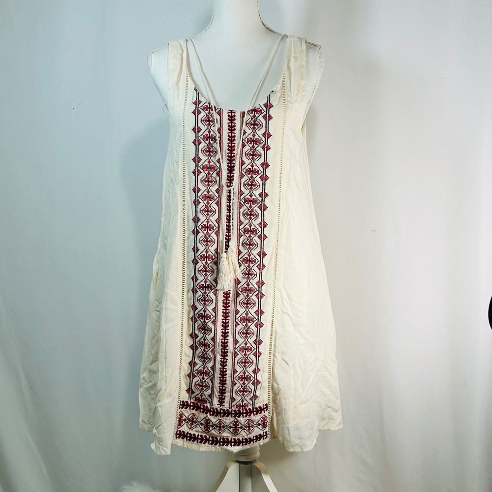 Entro Embroidered Tassel Tunic Dress‎ Cream Red Black Boho Festival Size S